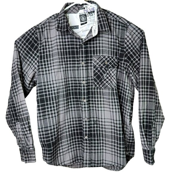 Volcom Mens Sz L Long Sleeve Plaid Shirt Classic Fit Black Gray Casual Button Up - Picture 1 of 12